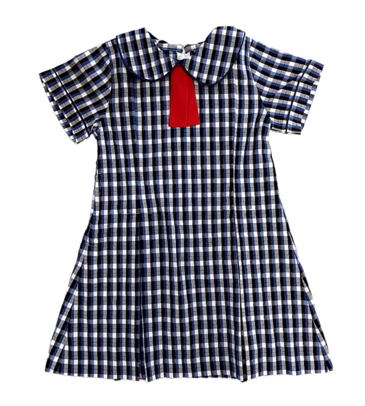 Blue Check Dress with Red Tab Tie
