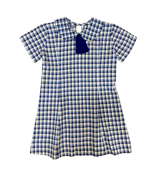 White/Blue/Gold Check Dress with Tab Tie